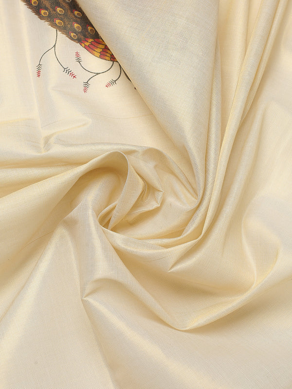 Golden Tissue Set Saree with Peacock Motifs and Artistic Print Detailing