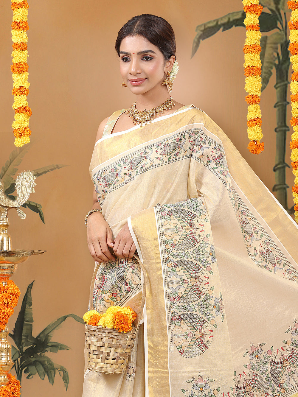 Golden Tissue Saree with Fish & Floral Print Near Kasavu Border