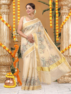 Golden Tissue Saree with Fish & Floral Print Near Kasavu Border