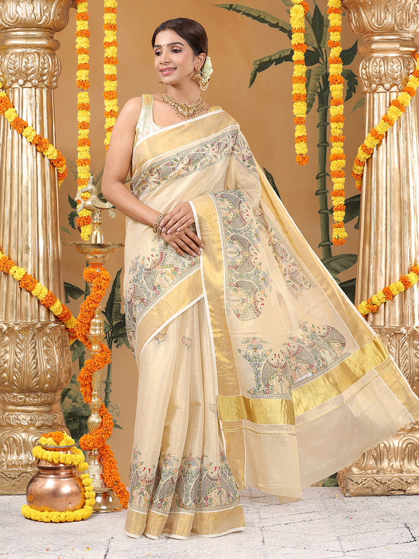 Golden Tissue Saree with Fish & Floral Print Near Kasavu Border
