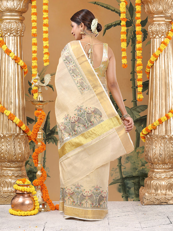 Golden Tissue Saree with Fish & Floral Print Near Kasavu Border