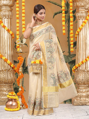 Golden Tissue Saree with Fish & Floral Print Near Kasavu Border