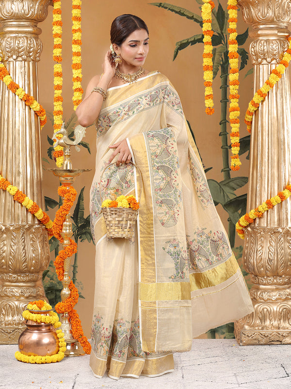 Golden Tissue Saree with Fish & Floral Print Near Kasavu Border
