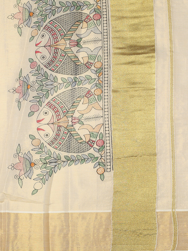 Golden Tissue Saree with Fish & Floral Print Near Kasavu Border