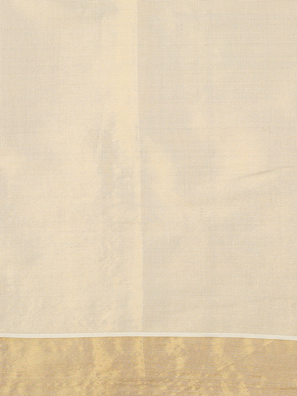 Golden Tissue Saree with Fish & Floral Print Near Kasavu Border