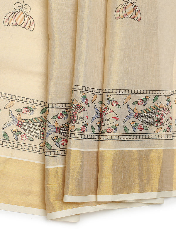 Golden Tissue Saree with Fish & Floral Print Near Kasavu Border