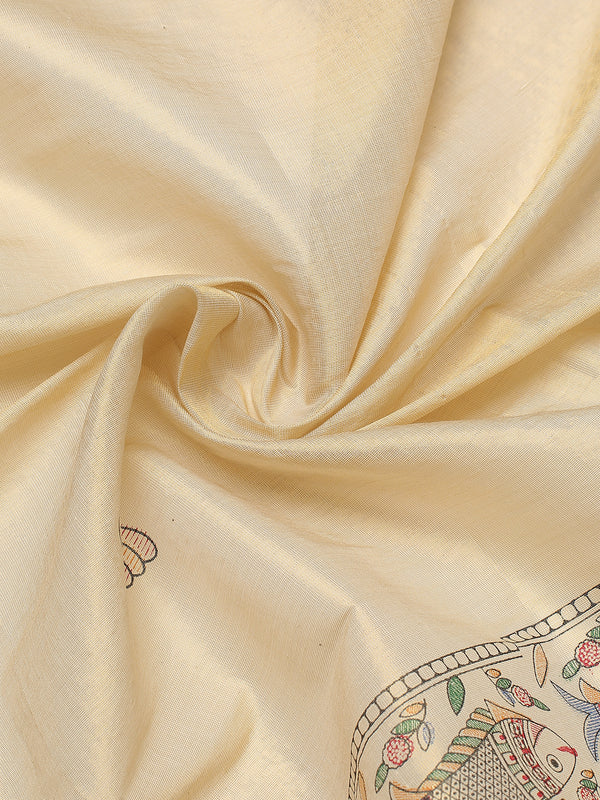 Golden Tissue Saree with Fish & Floral Print Near Kasavu Border