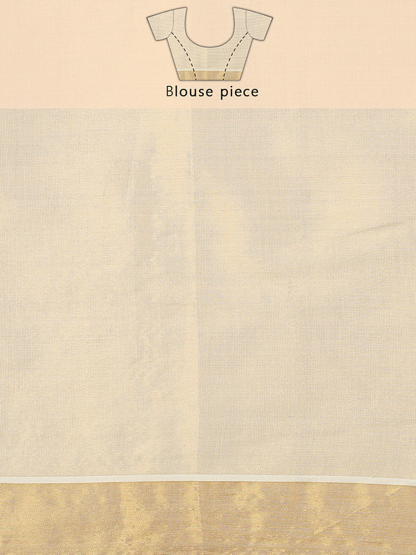 Golden Tissue Saree with Fish & Floral Print Near Kasavu Border