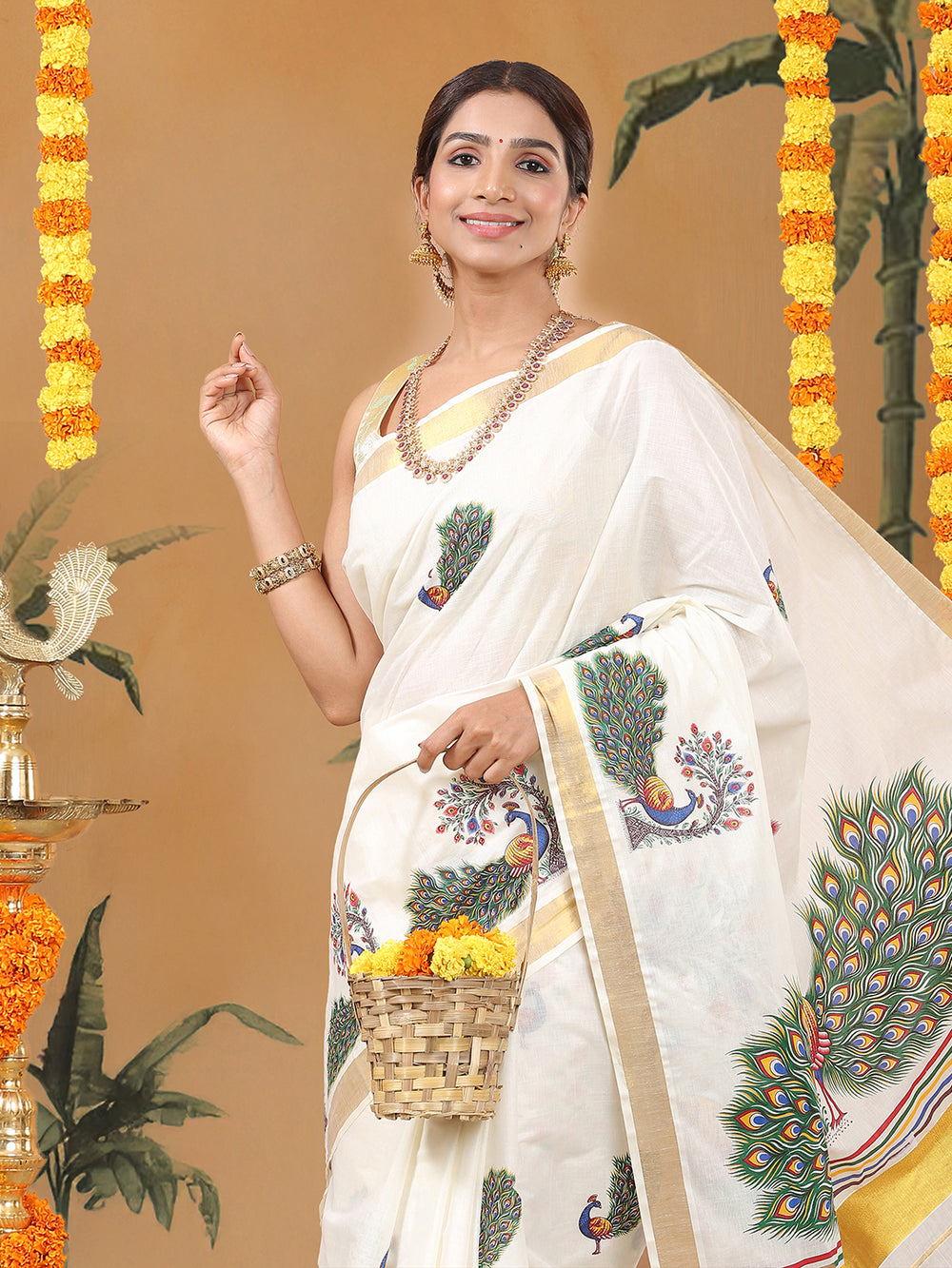Off White Cotton Set Saree with Peacock Printed Buttas and Multicolor Striped Pallu