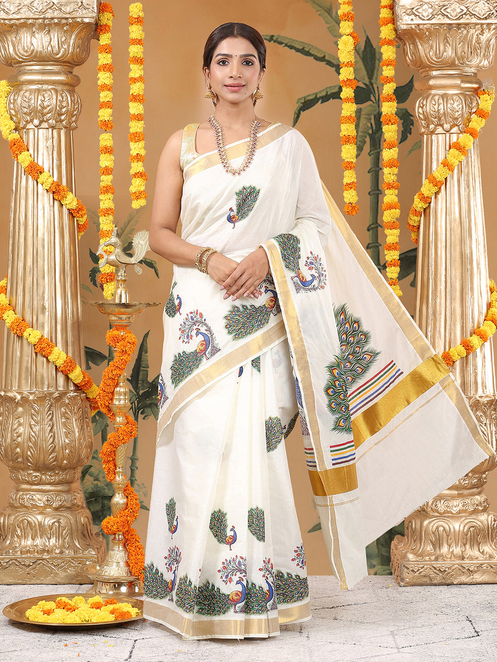 Off White Cotton Set Saree with Peacock Printed Buttas and Multicolor Striped Pallu