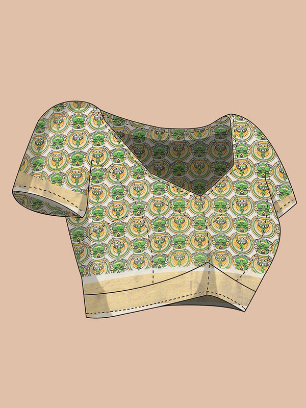 Off-White Cotton Set Saree with Kathakali Print and Golden Kasavu Border