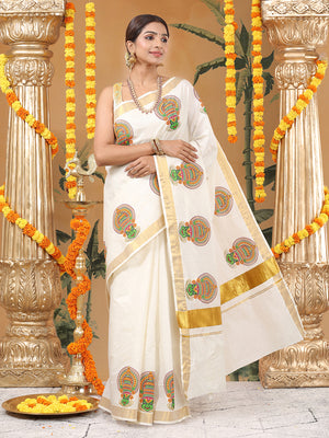 Off-White Cotton Set Saree with Kathakali Print and Golden Kasavu Border