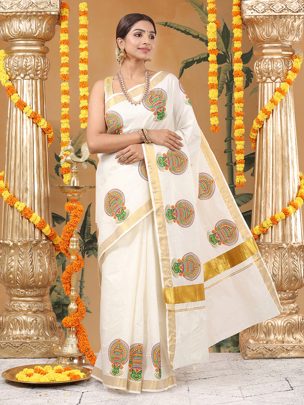 Off-White Cotton Set Saree with Kathakali Print and Golden Kasavu Border