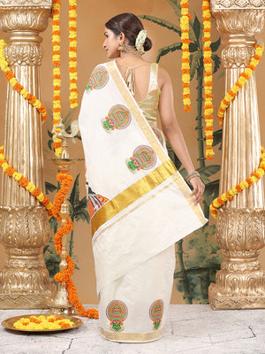 Off-White Cotton Set Saree with Kathakali Print and Golden Kasavu Border