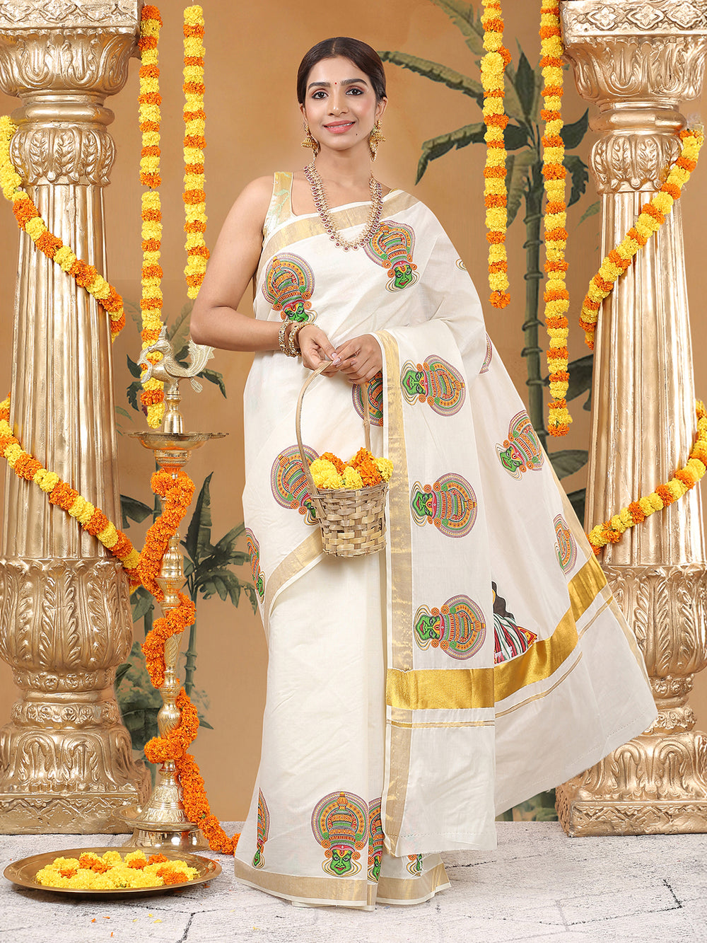 Off-White Cotton Set Saree with Kathakali Print and Golden Kasavu Border