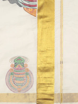 Off-White Cotton Set Saree with Kathakali Print and Golden Kasavu Border