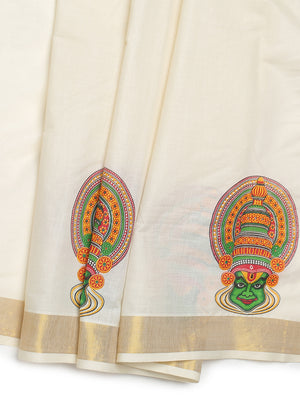 Off-White Cotton Set Saree with Kathakali Print and Golden Kasavu Border