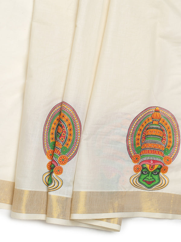 Off-White Cotton Set Saree with Kathakali Print and Golden Kasavu Border