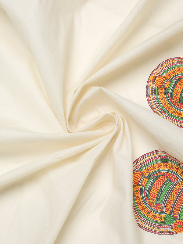 Off-White Cotton Set Saree with Kathakali Print and Golden Kasavu Border