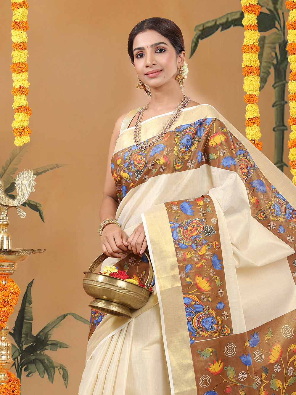 Golden Tissue Set Saree with Krishna-Radha Prints on Brown Base Border