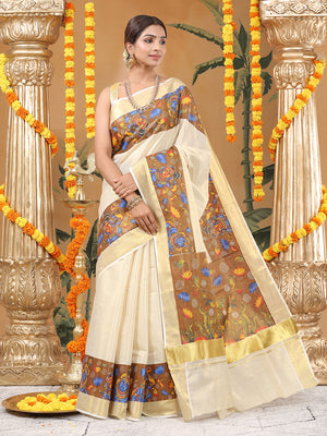 Golden Tissue Set Saree with Krishna-Radha Prints on Brown Base Border