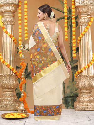 Golden Tissue Set Saree with Krishna-Radha Prints on Brown Base Border