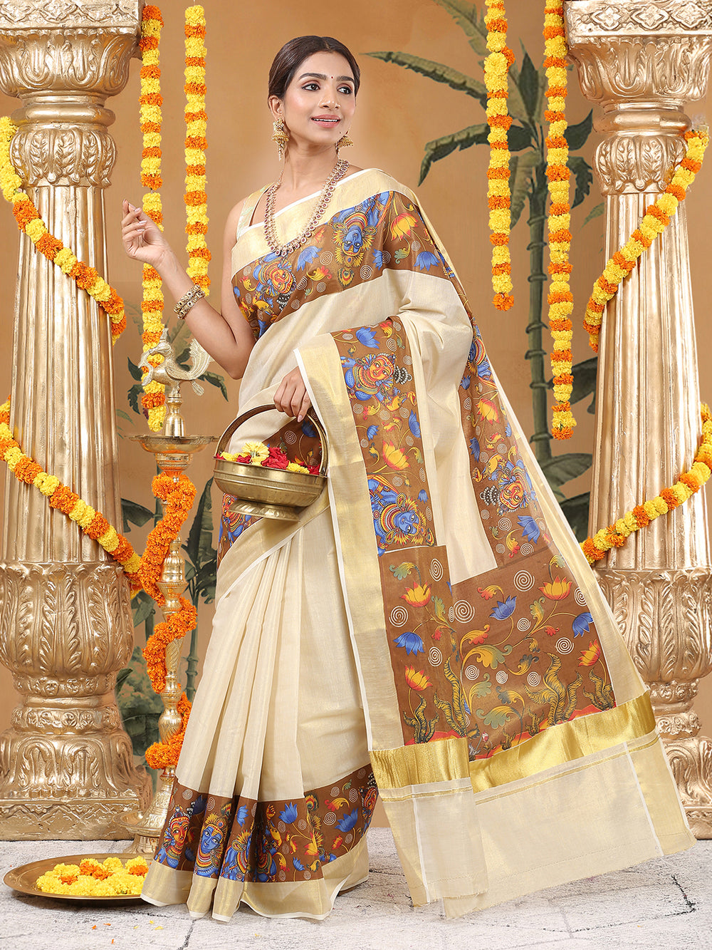 Golden Tissue Set Saree with Krishna-Radha Prints on Brown Base Border