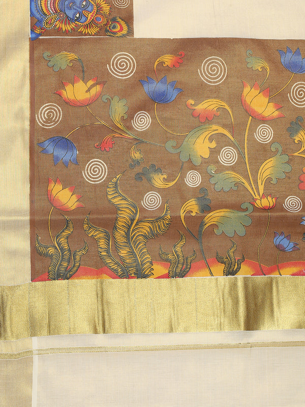 Golden Tissue Set Saree with Krishna-Radha Prints on Brown Base Border