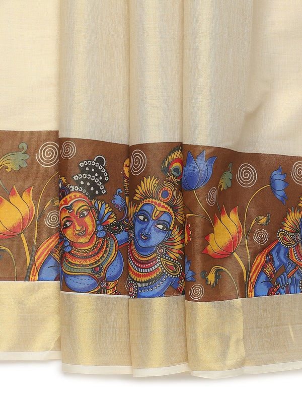 Golden Tissue Set Saree with Krishna-Radha Prints on Brown Base Border