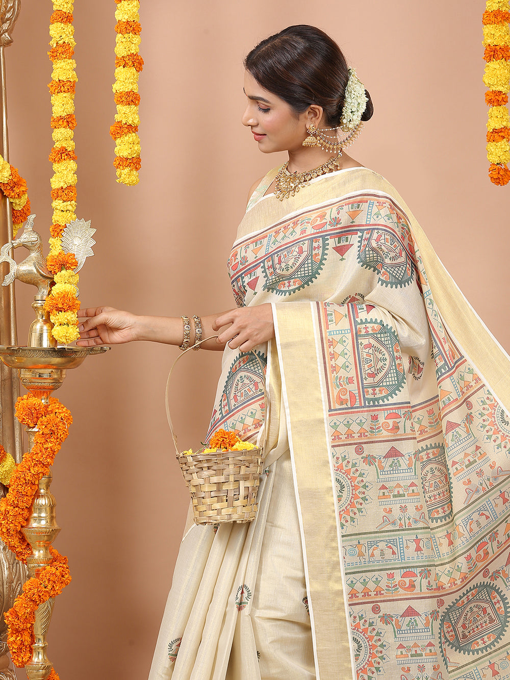 Golden Tissue Set Saree with Warly Print & Golden Kasavu Border, Red-Green Tassels