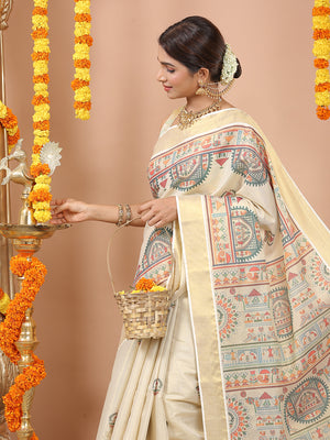 Golden Tissue Set Saree with Warly Print & Golden Kasavu Border, Red-Green Tassels