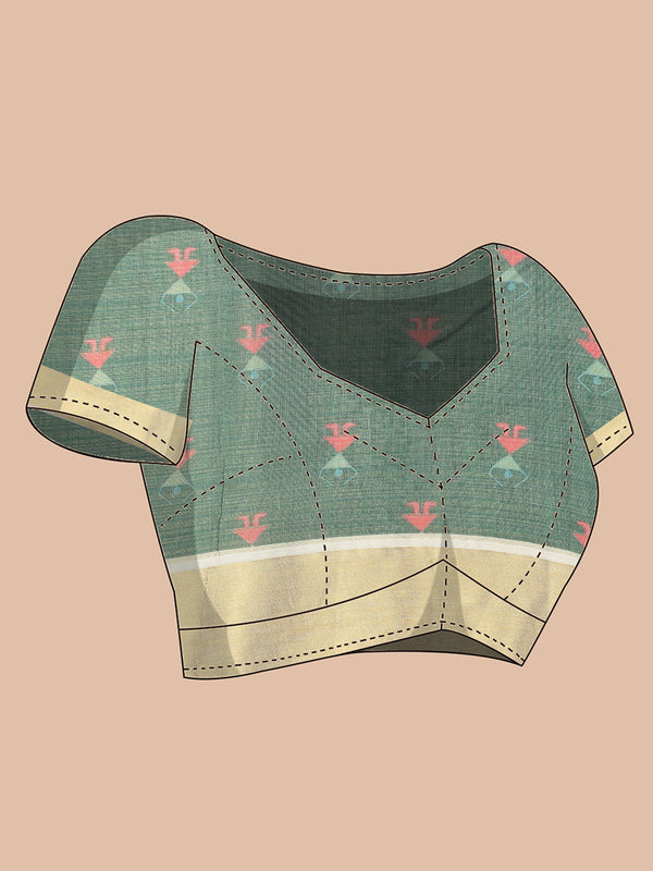 Golden Tissue Set Saree with Warly Print & Golden Kasavu Border, Red-Green Tassels