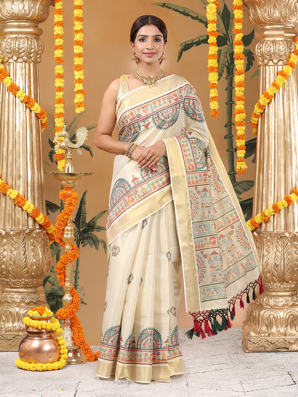 Golden Tissue Set Saree with Warly Print & Golden Kasavu Border, Red-Green Tassels