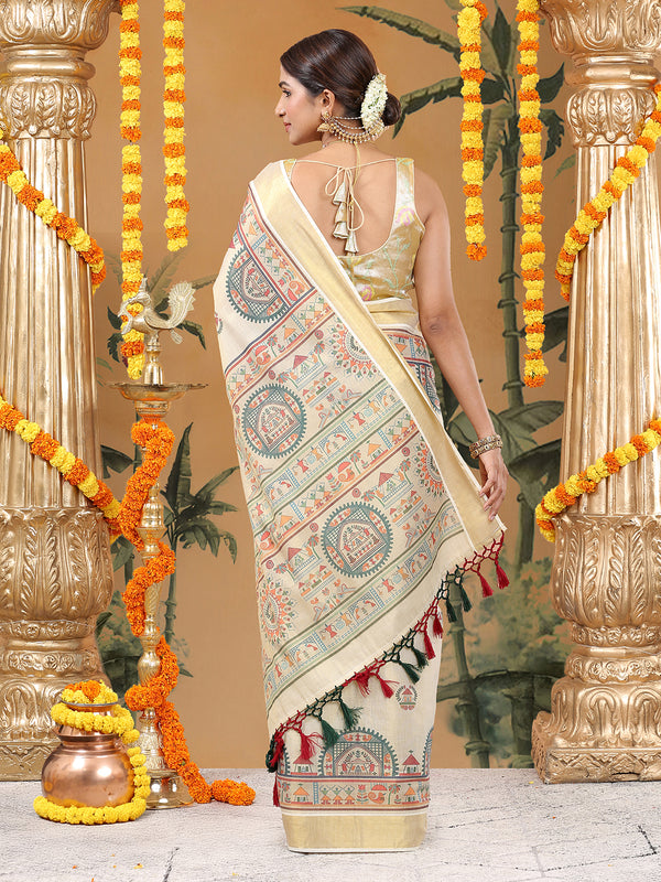 Golden Tissue Set Saree with Warly Print & Golden Kasavu Border, Red-Green Tassels