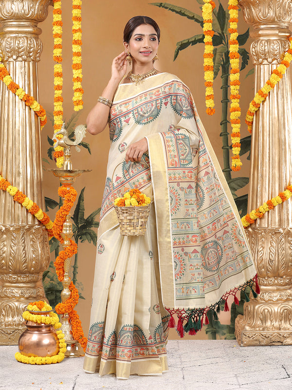 Golden Tissue Set Saree with Warly Print & Golden Kasavu Border, Red-Green Tassels