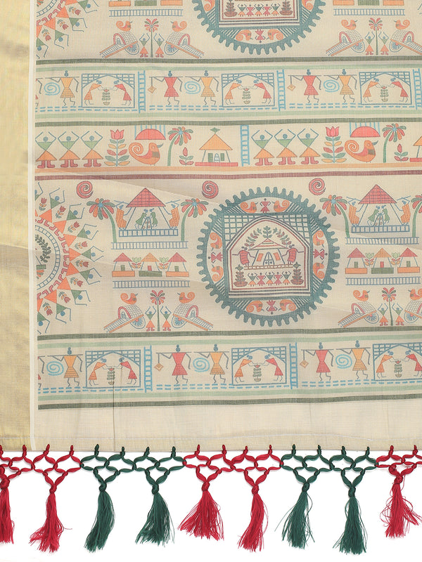 Golden Tissue Set Saree with Warly Print & Golden Kasavu Border, Red-Green Tassels