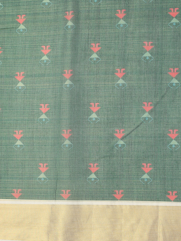 Golden Tissue Set Saree with Warly Print & Golden Kasavu Border, Red-Green Tassels
