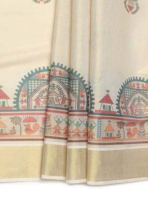 Golden Tissue Set Saree with Warly Print & Golden Kasavu Border, Red-Green Tassels