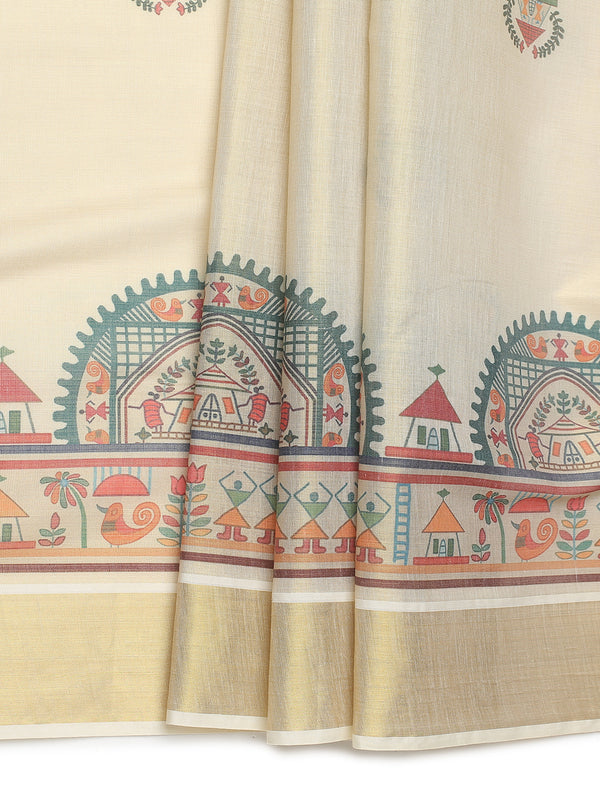 Golden Tissue Set Saree with Warly Print & Golden Kasavu Border, Red-Green Tassels