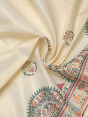 Golden Tissue Set Saree with Warly Print & Golden Kasavu Border, Red-Green Tassels