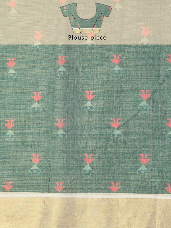 Golden Tissue Set Saree with Warly Print & Golden Kasavu Border, Red-Green Tassels