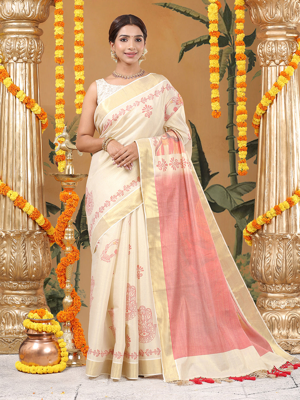 Golden Tissue Set Saree with Red Printed Hand Motifs and Kathak Dancer On Red Pallu