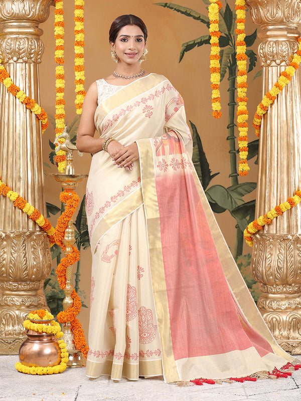 Golden Tissue Set Saree with Red Printed Hand Motifs and Kathak Dancer On Red Pallu