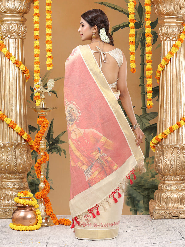 Golden Tissue Set Saree with Red Printed Hand Motifs and Kathak Dancer On Red Pallu