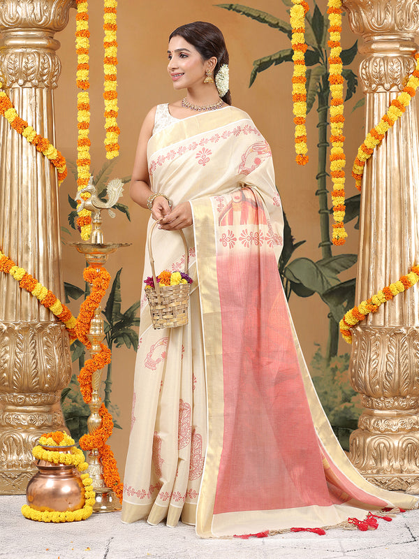 Golden Tissue Set Saree with Red Printed Hand Motifs and Kathak Dancer On Red Pallu