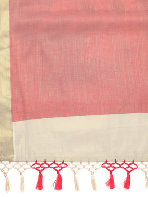 Golden Tissue Set Saree with Red Printed Hand Motifs and Kathak Dancer On Red Pallu