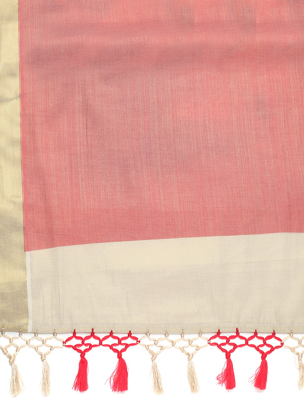 Golden Tissue Set Saree with Red Printed Hand Motifs and Kathak Dancer On Red Pallu