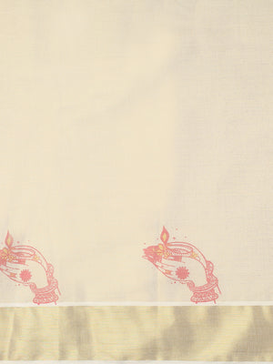 Golden Tissue Set Saree with Red Printed Hand Motifs and Kathak Dancer On Red Pallu