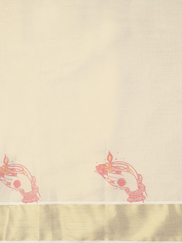 Golden Tissue Set Saree with Red Printed Hand Motifs and Kathak Dancer On Red Pallu
