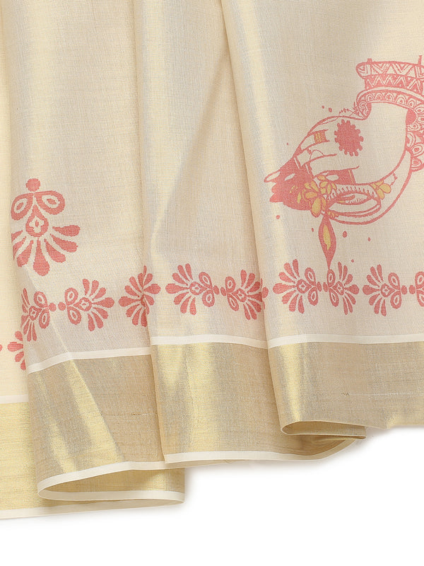 Golden Tissue Set Saree with Red Printed Hand Motifs and Kathak Dancer On Red Pallu